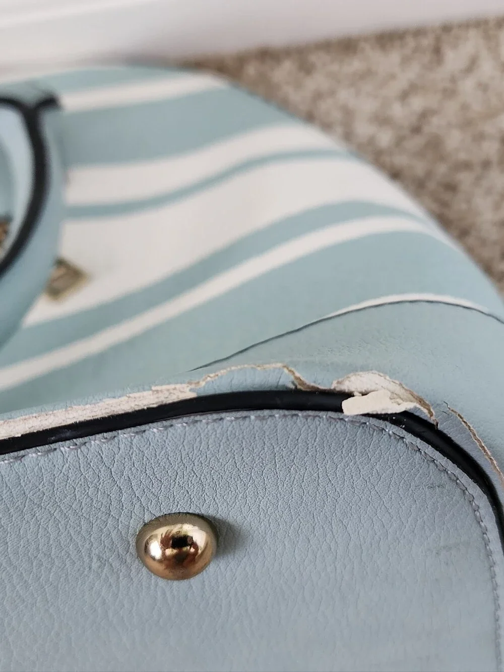 V-Accent Striped Dome Satchel - Light Blue & White